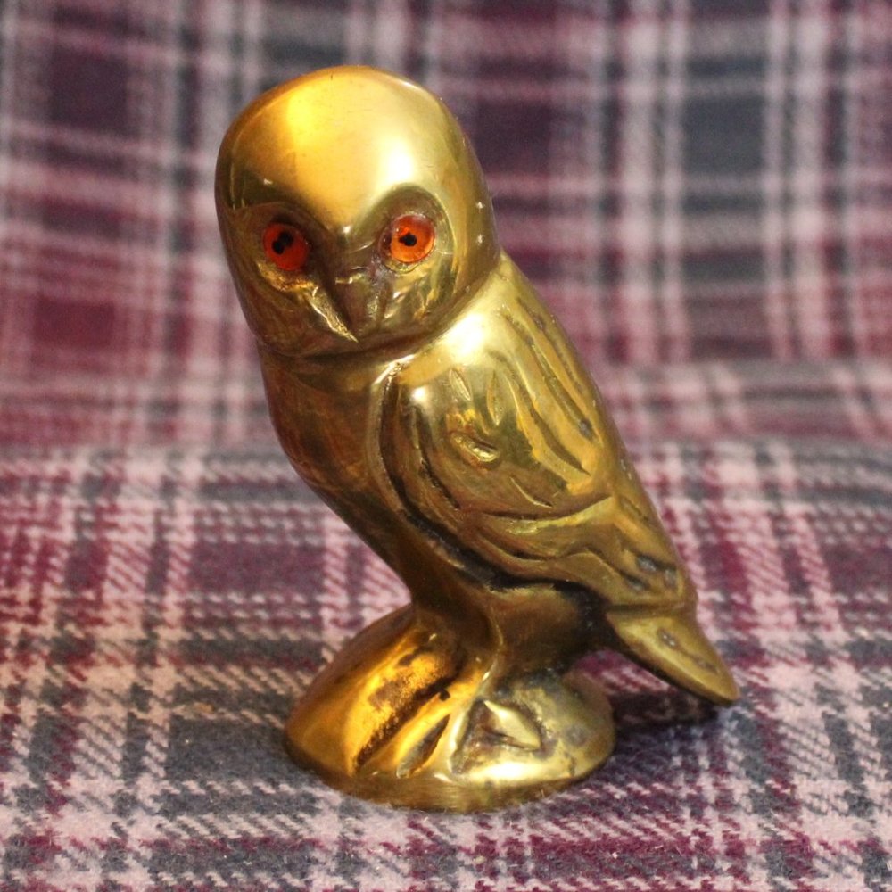 Vintage Brass Owl Figurine Orange glass Eyes